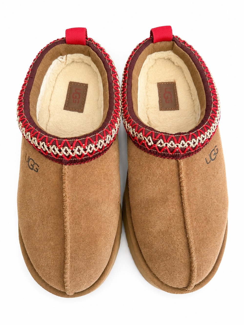 UGG Women's Tan Platform Clog In Chestnut With Red Trim